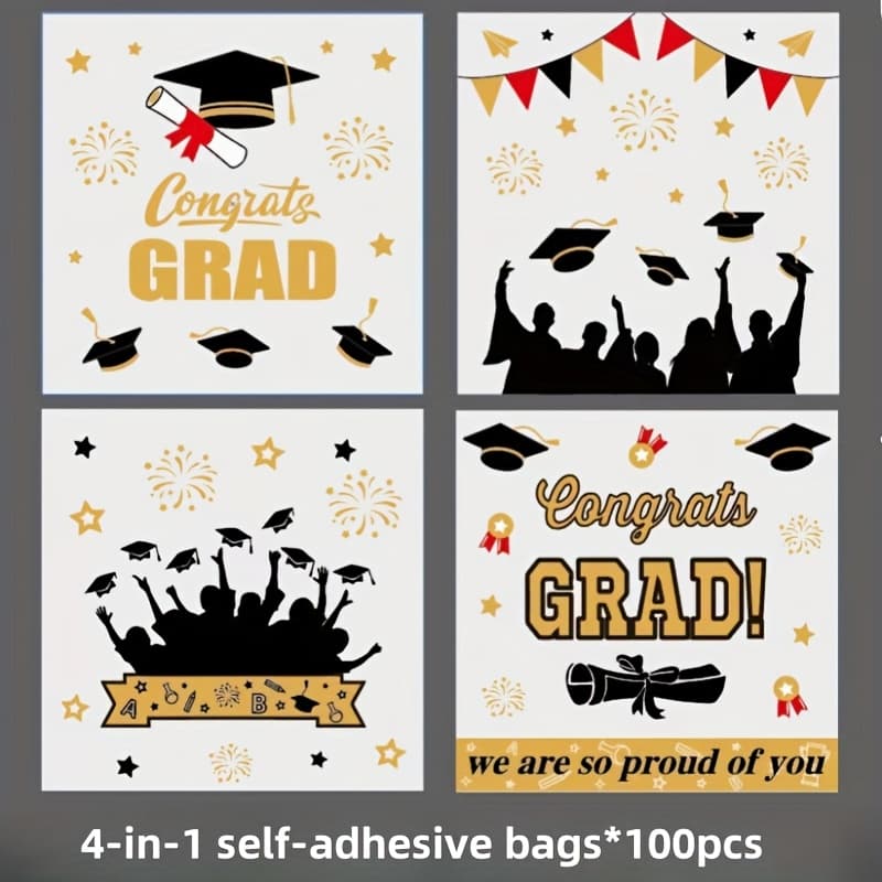 TEMU 100pcs, Graduation Season Self-adhesive Bags, Graduation , Bachelor's Hat, Graduation Pattern Self-sealing Bags, Party Gift Packaging Bags