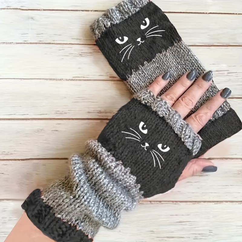 TEMU 2025 Autumn And Winter Embroidery Color Block Vintage Fingerless Gloves Thick Women's Casual Gloves