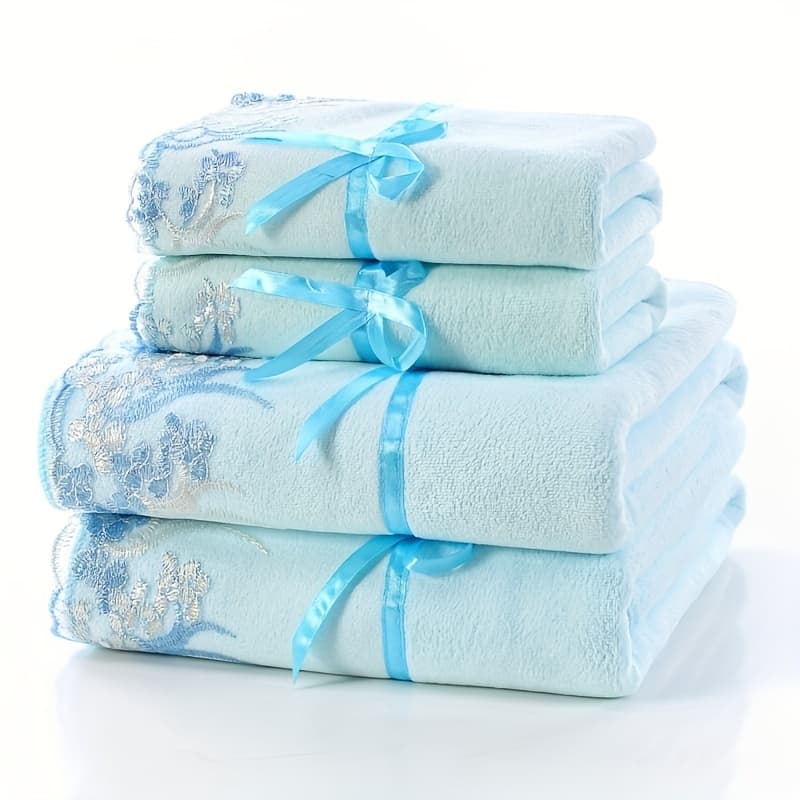 TEMU 4pcs Soft Lace Embroidery Towel Set - Absorbent Bath For Bathroom - Includes 2 Bath Towels And 2 Hand Towels - Ideal Bathroom Supplies And Additions