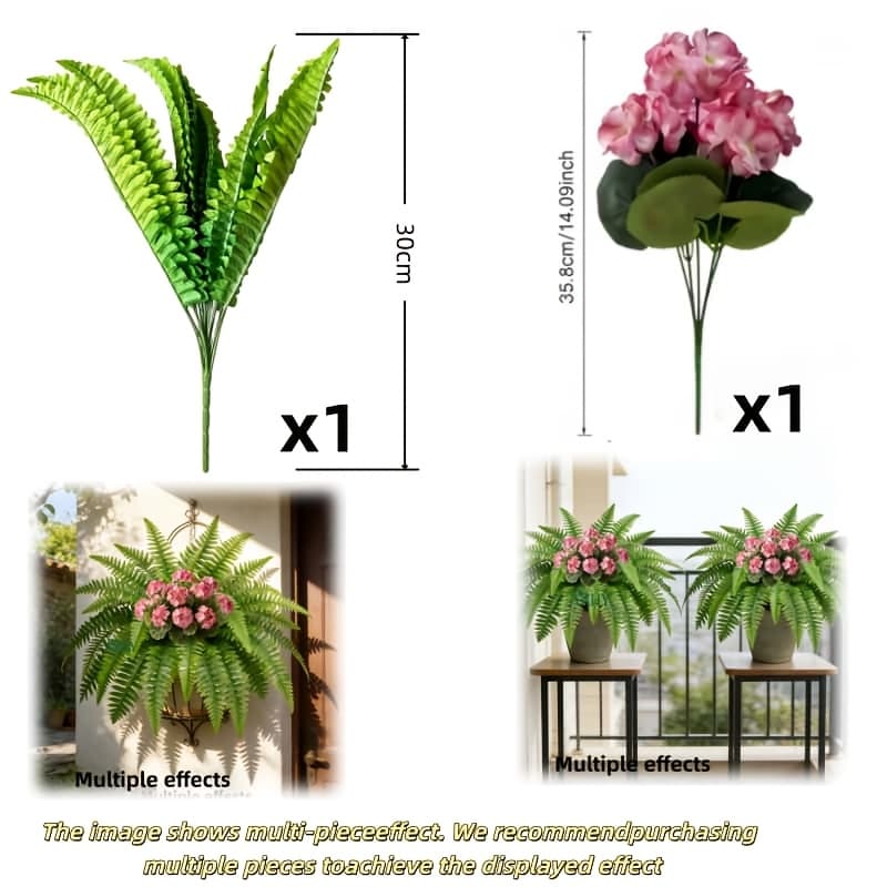 TEMU 2-pack Outdoor Artificial Boston Ferns With Pink Geraniums | Suitable For Garden, Porch, Farmhouse Decor, Easter, 's Day, , Father's Day, Spring/summer Decoration, Hanging And Potted Displays