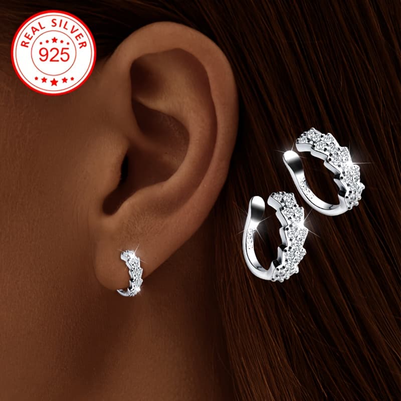 TEMU Women's Fashion Clip Earrings - Sparkling Cubic Synthetic Synthetic Zirconia, Hypoallergenic 925 Sterling Silvery, No Piercing Required, Perfect Gift For Any Occasion
