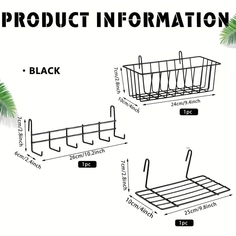 TEMU 3pcs Hanging Wall Baskets & Hooks Rack & Hanging Shelf, Wall Grid Accessories For Wire Wall , Grid Wall Basket & Hanging Hooks Storage For Room Storage, Photo Wall Display