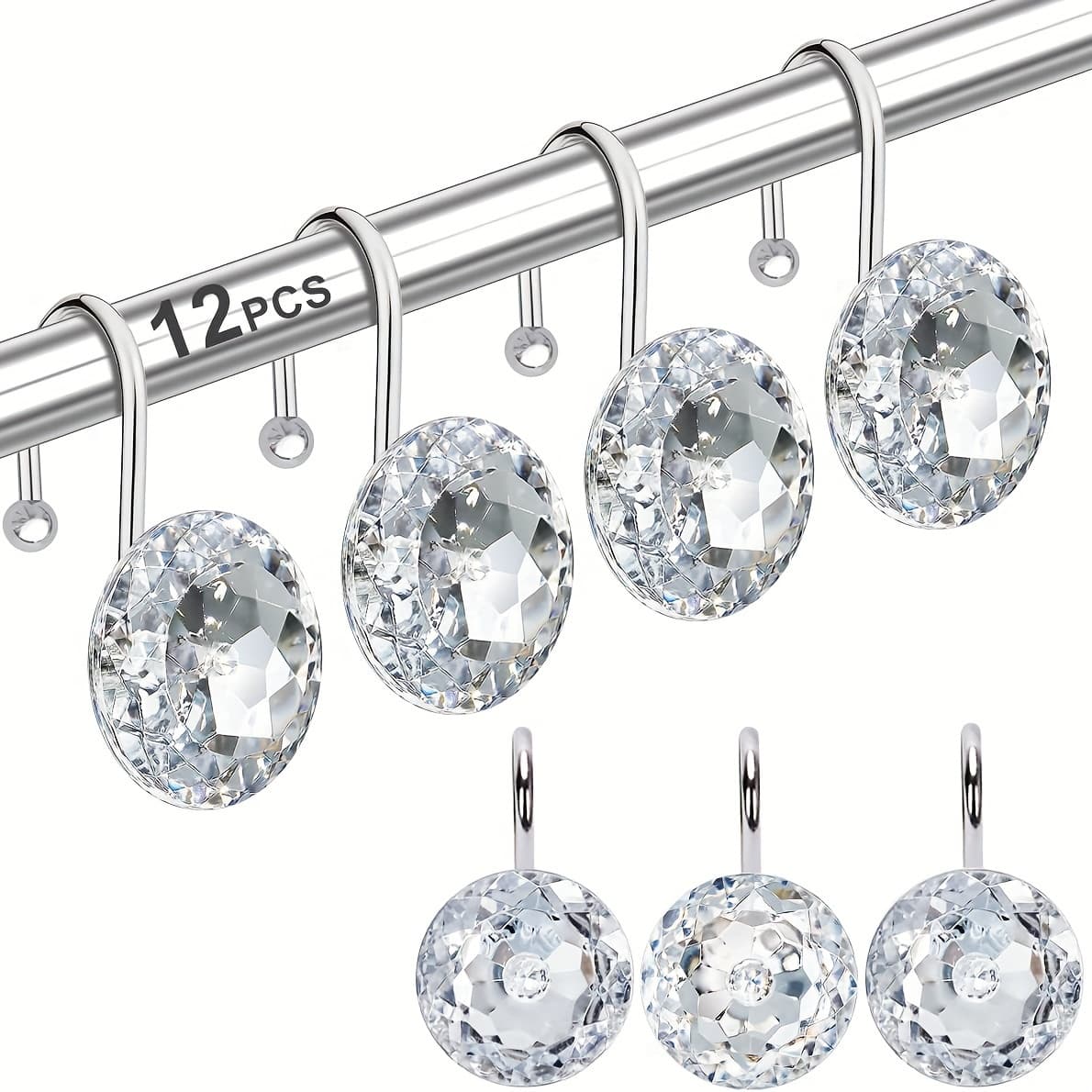 TEMU 12pcs Cast Iron Shower Curtain Hooks With Sparkling Accents - Rust-resistant Wall-mounted Bathroom Hooks For Curtains, Towels, Clothing - For Home & Hotel Use, Utility Hooks