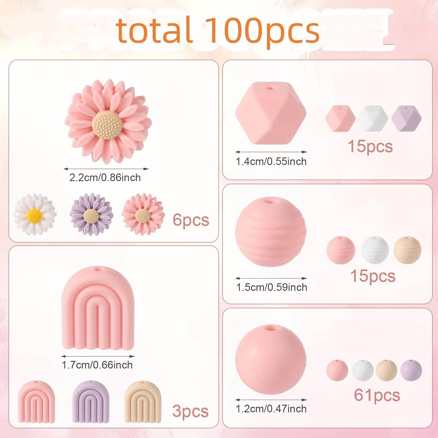 TEMU 100pcs Daisy Silicone Beads, Round Daisy Flower Shape Silicone Loose Beads Craft Beads With Nylon Rope For Diy Keychain Bracelets Necklace Jewelry Making ()