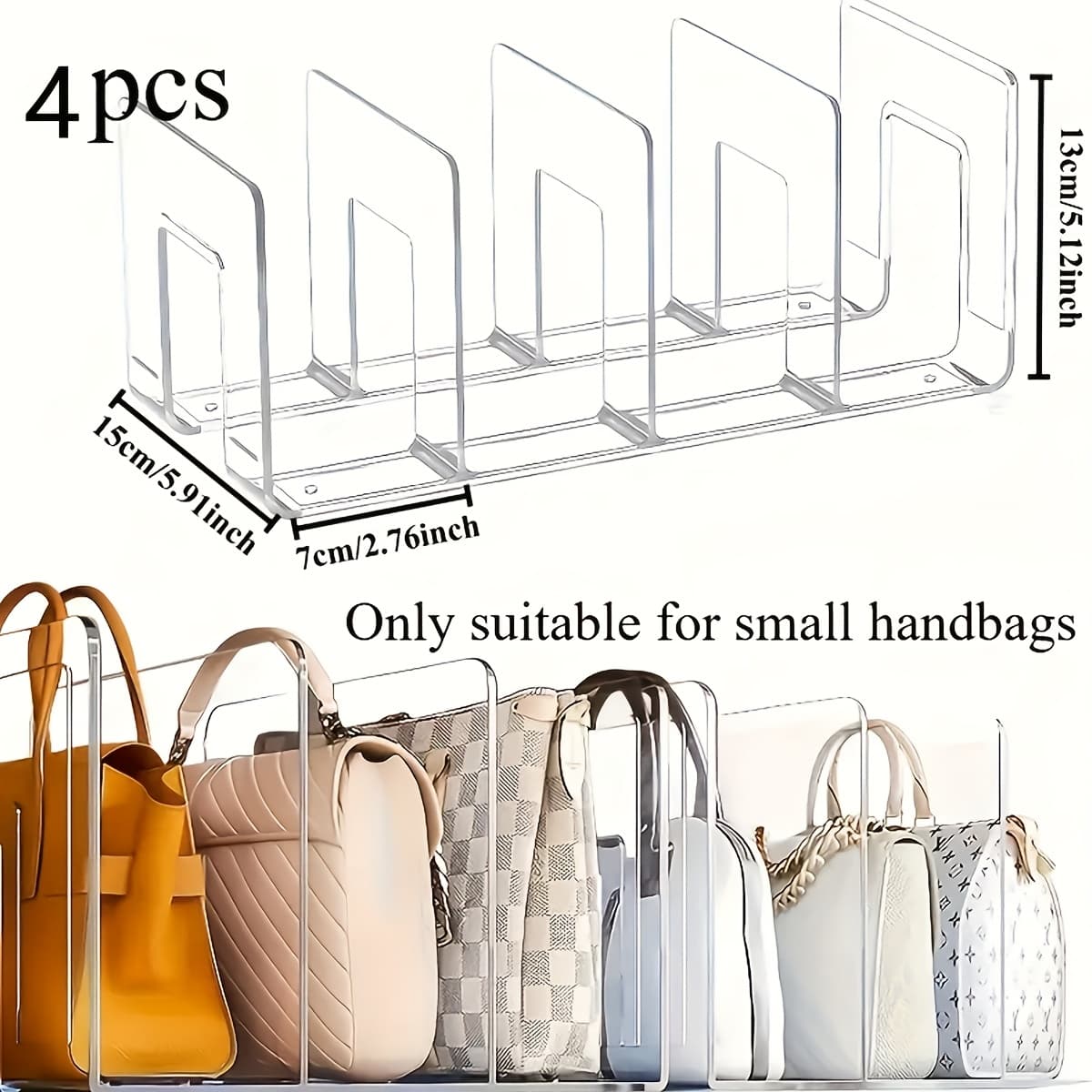 TEMU 4-pack Clear Acrylic 4-compartment Hanging Purse Organizer - Divider Shelf For Tote, Clutch, And Handbag Organization, Shelf Dividers