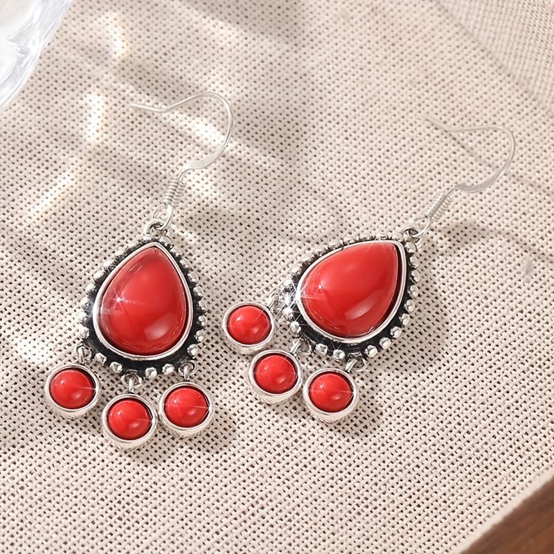 TEMU Vintage Copper Synthetic Red Turquoise Silvery Earring Jewelry, Red Color Earrings, Bohemian Earrings, Handmade Earrings, Gift For Her, Everyday Jewelry