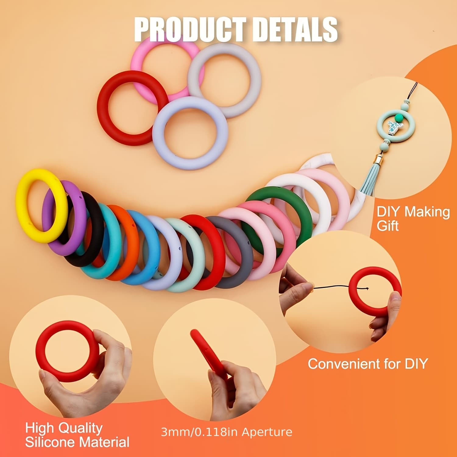 TEMU 20pcs Silicone Beads Double Hole O-ring Frame, Craft Pendant Key Ring Lanyard Car Hanging Additions