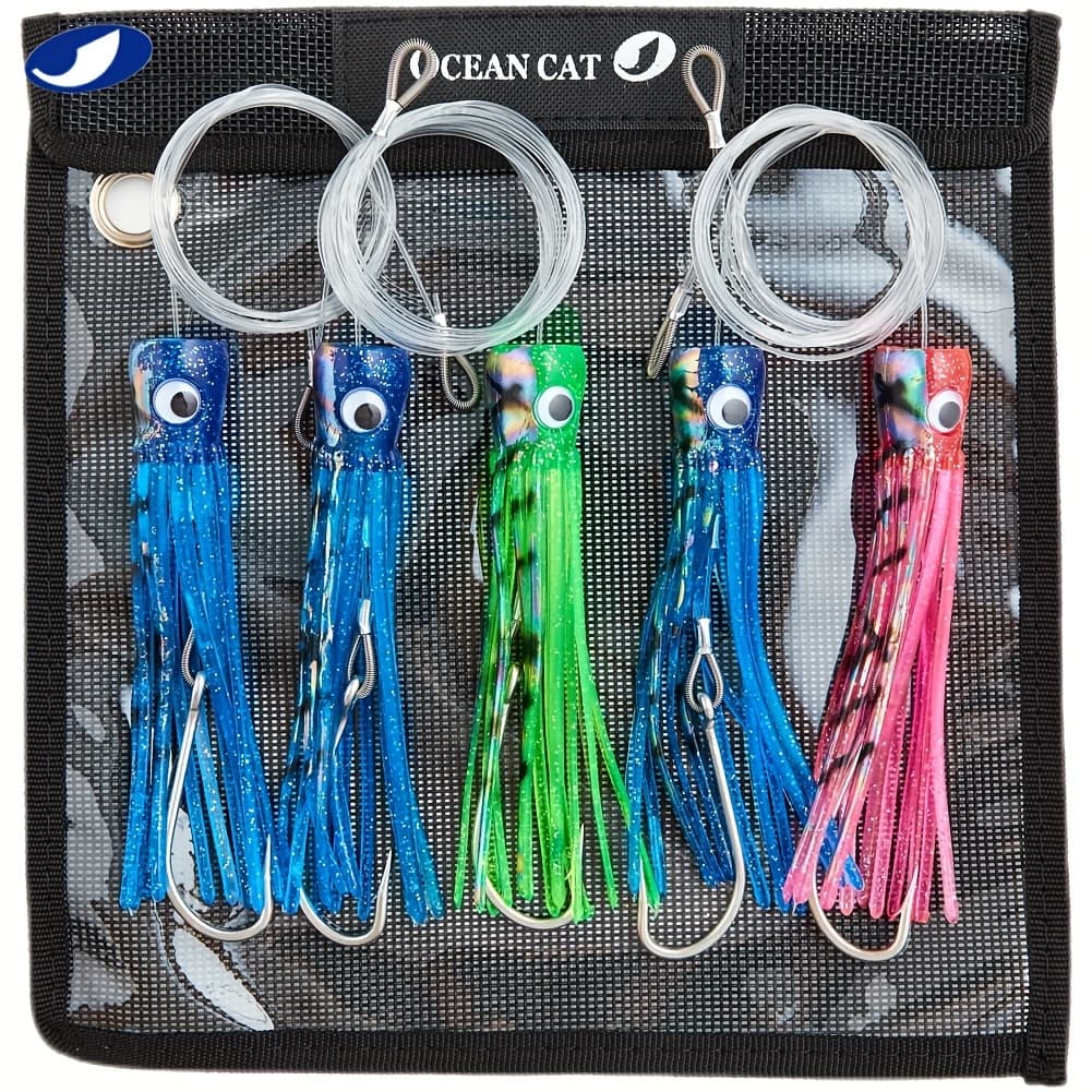 TEMU Ocean Cat Chain Trolling Lure Saltwater Fishing Lure Bag With Circle Hook And Fishing Line Fully Rigged For Tuna