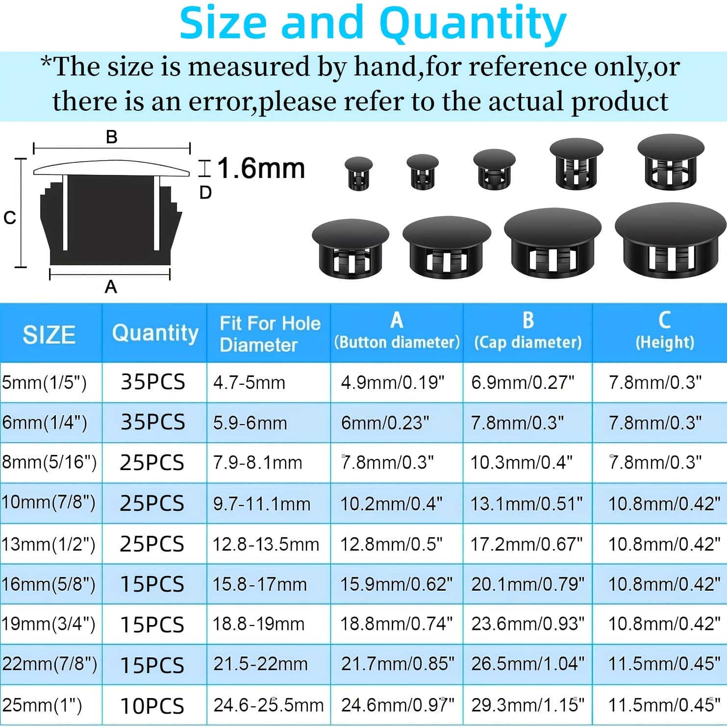 TEMU 200pcs Black Nylon Hole Plug Set (9 Sizes: 1", 7/8", 3/4", 5/8", 1/2", 3/8", 5/16", 1/4", 1/5") - Plastic Hole Plugs, Assorted Sizes, End Caps For Cabinets & Furniture, Screw Hole Plugs