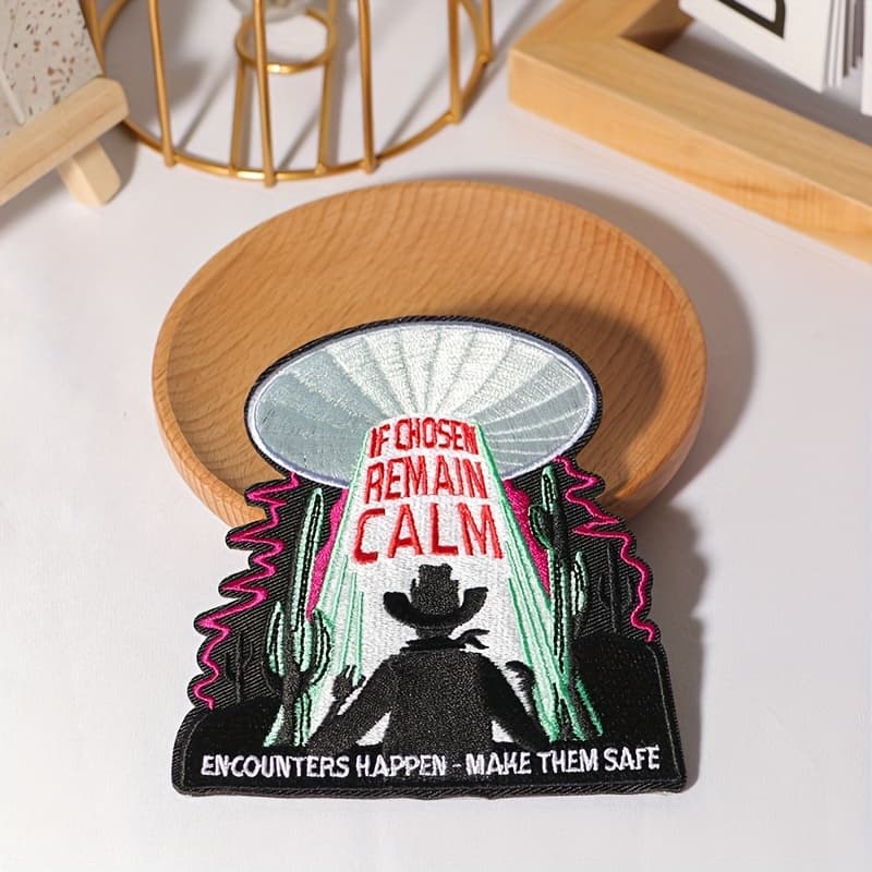 TEMU 1pc Fabric Nightlight Ufo Embroidered Patch - , Stay Calm, Make Them Safe, Suitable For Men's Clothing, Jackets, Jeans, Backpacks, Diy Decorations