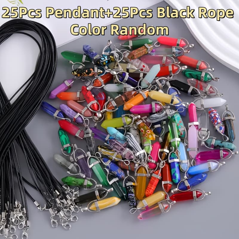 TEMU 50 Mixed Stone Hexagonal -shaped Random Colors Pendants & Black Pu Necklace Cord Set - Gemstone Jewelry For Project, Ideal Gift For , Holiday Wear