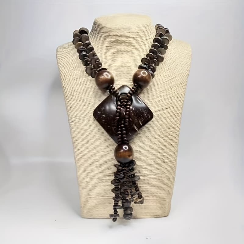 TEMU Women's Bohemian Vintage Necklace - Wood Beads & Shell Accent Suitable For Daily Wear Or - Wood Bead, Chain Necklace