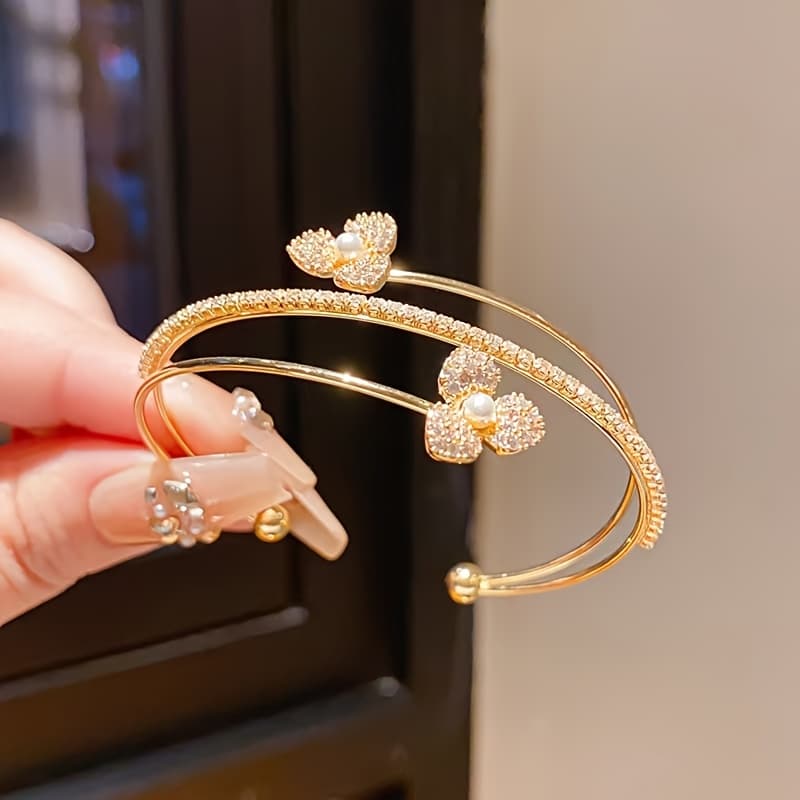 TEMU Elegant Luxurious Floral Open Bangle, Light Luxury Niche Design Sense Temperament Jewelry, Suitable For Women' Wear, Banquets, Parties, Gifts