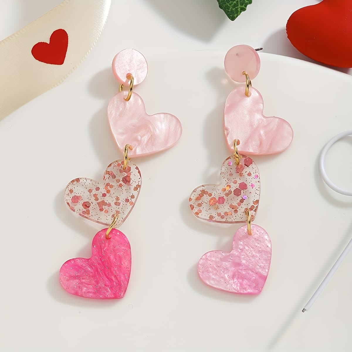 TEMU Valentine's Day Pink Acrylic Heart And Bowknot Earrings, Elegant Cute Fashionable Versatile Jewelry For Daily Wear And Parties, Perfect Gift For