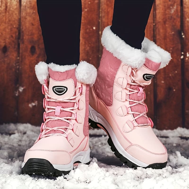 TEMU Ladies' High Top Outdoor Snow Boots, Non Slip And Warm Boots With Thick Fleece, Suitable For Outdoor Travel, Rubber Sole, Synthetic Leather Material