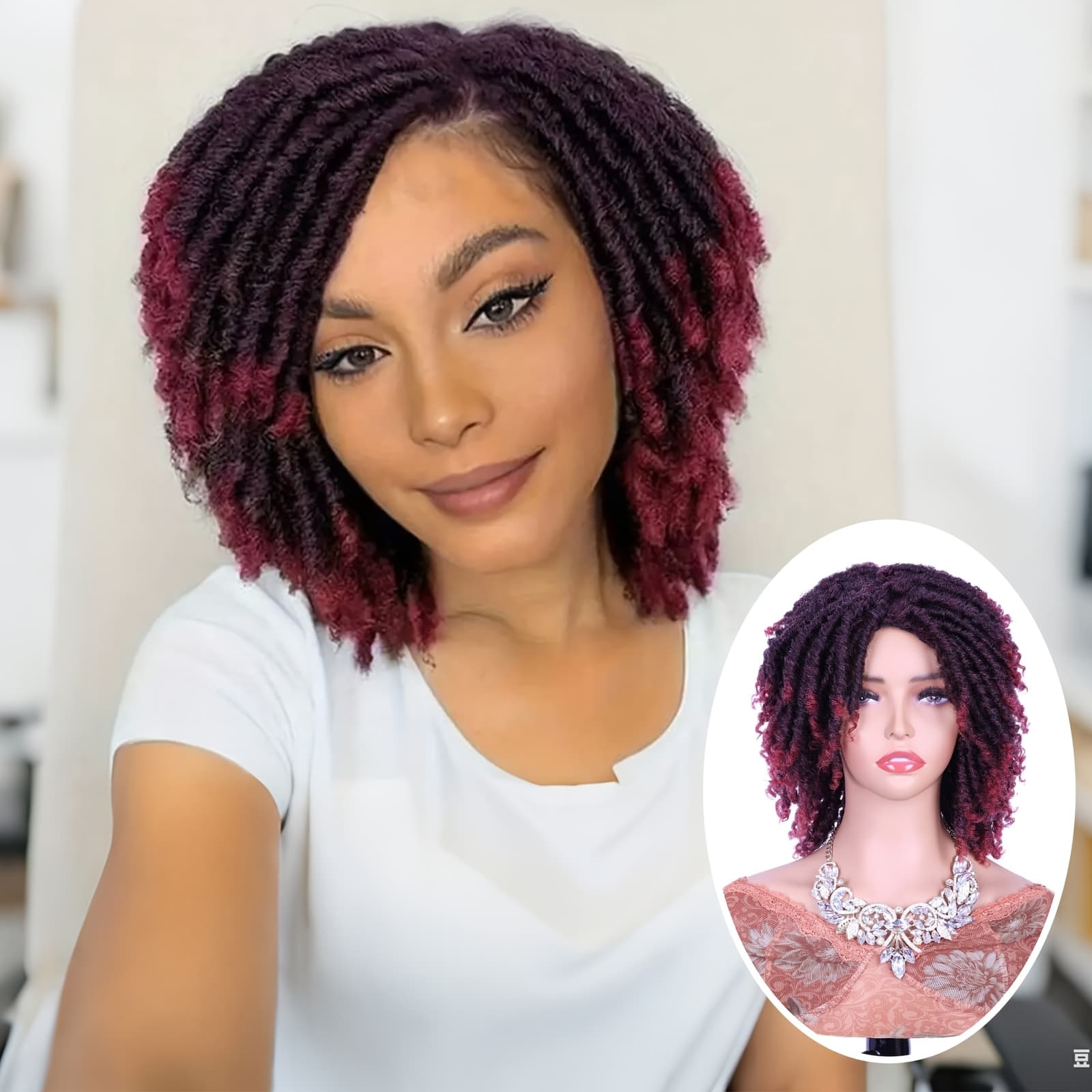 TEMU Looking Dreadlock Wigs For & Men - Short Curly Big Afro Locs Braided Wig With Twist Braiding, Synthetic Hair Suitable For Daily Wear, Parties, Photoshoots (burgundy)