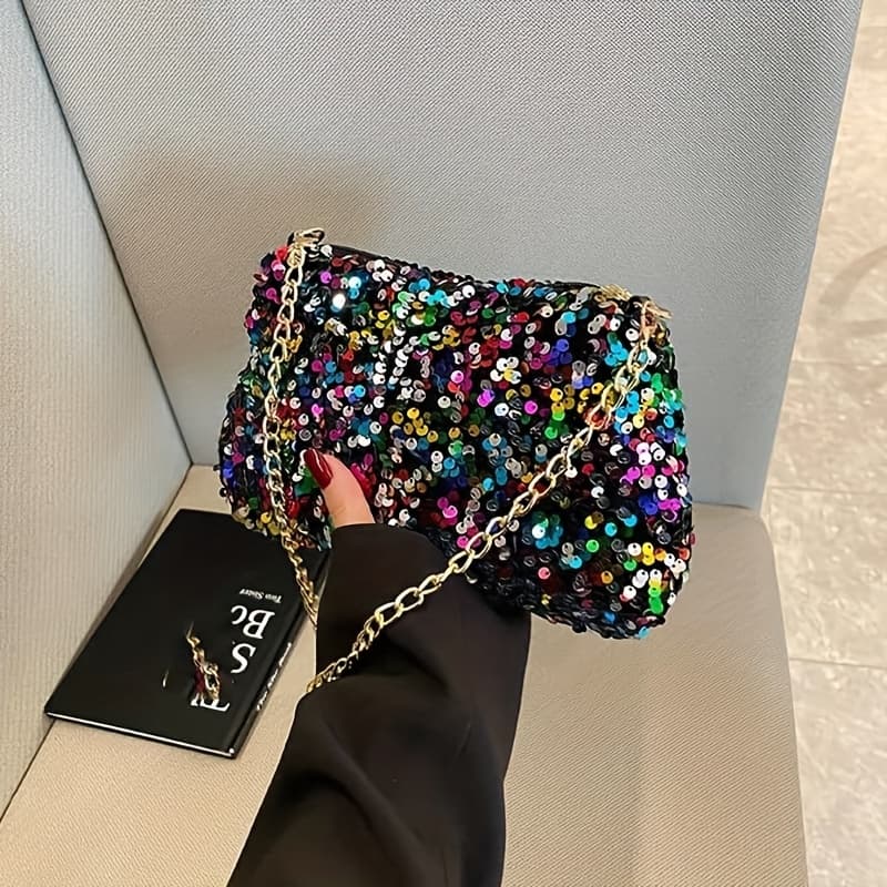 TEMU Unique, Shiny, Fashionable Chain Bag With Glitter And Safety Chain. Exquisite Diagonal Cross Bag Suitable For Banquets, Parties, Work, And Commuting