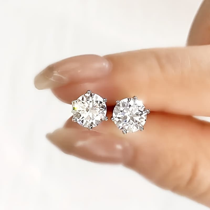 TEMU 2pcs/pair 1 Carat Classic Round Cut Stone Stud Earrings, Women's Fashion Additions - Exquisite Silvery 6-prong Fine Jewelry Gifts For Women