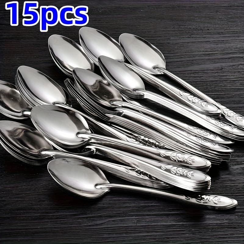TEMU 15pcs Stainless Steel Dessert Spoon Set, Elegant Design, Long Handle Ice Cream And Watermelon Spoon, Perfect For Kitchen Utensils
