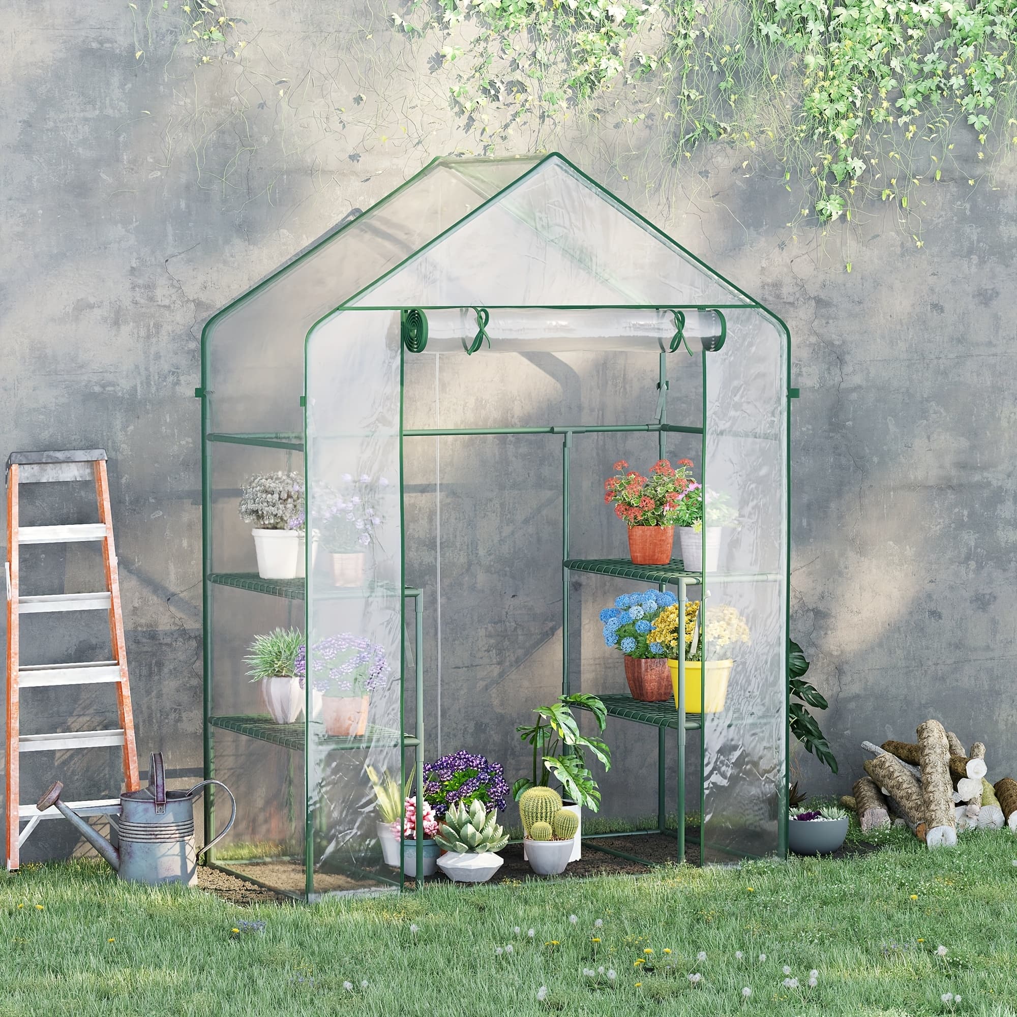 TEMU Outsunny 5' X 2.5' X 6.5' -in Greenhouse Kit, Portable With 3 Tier Shleves, Roll-up Door, And Plastic Cover For Backyard Garden, Clear