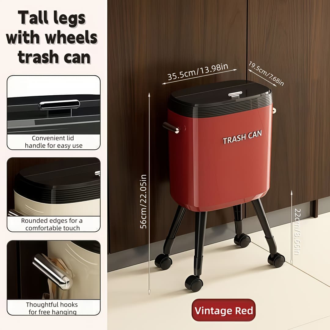 TEMU Red/green/ Can With Lid, Tall Garbage Bin With Legs And Rolling Wheels For Kitchen, Odor-proof And Easy To Clean, Decorative Wastebasket Ideal For Bathroom, Bedroom, Living Room And Office