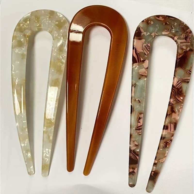 TEMU 3pcs Elegant Retro U-shaped Hair Clips - Acetate Material, Colorful Patterns, Lightweight & Comfortable, Perfect For Valentine's Day & Special Occasions, Cute Hair Clips