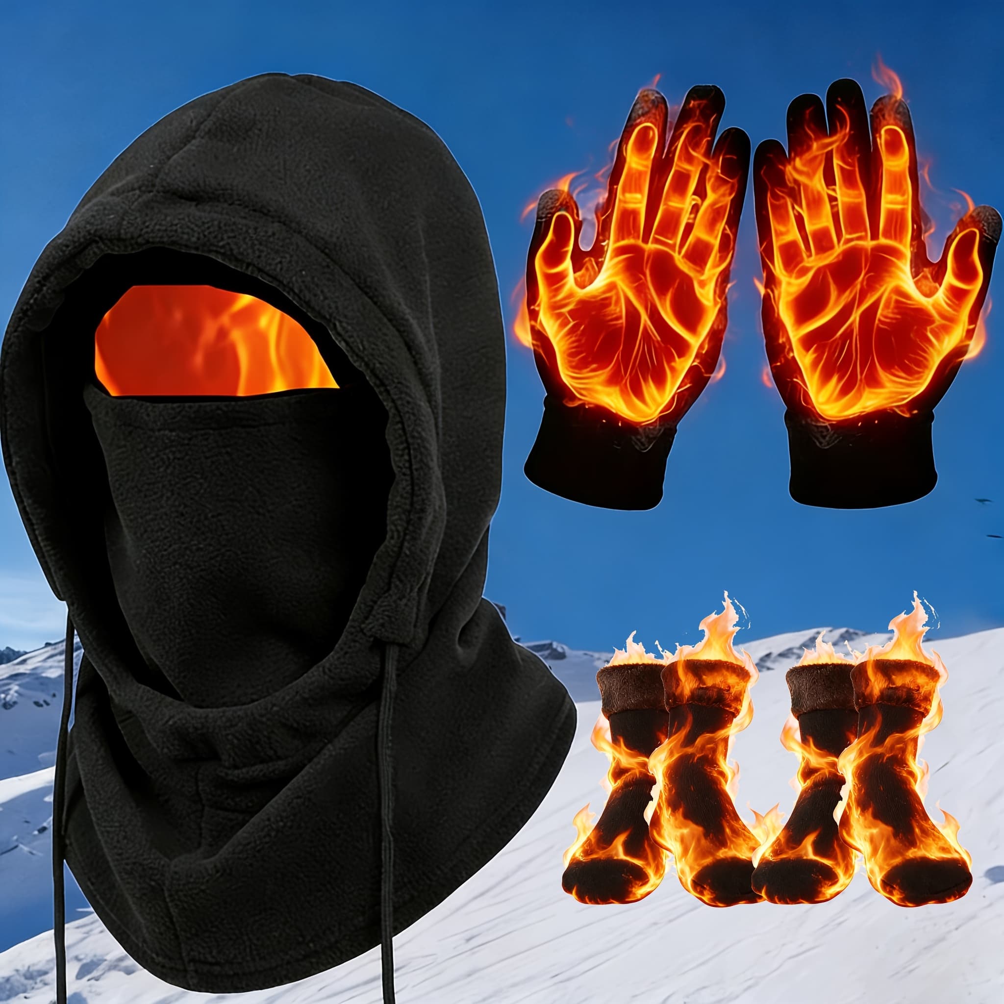 TEMU 3/ 4pcs Winter Thermal Set - Face Mask Hat, Touchscreen Gloves & Thick Fleece Socks, Windproof Outdoor Gear For Snowboarding, Hiking, Ice Fishing, And Daily Winter Wear, Lightweight & Comfortable