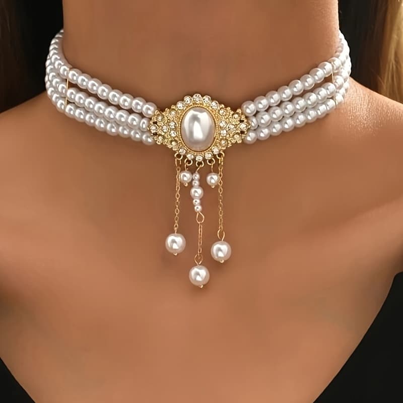 TEMU 1pc Elegant Vintage Style 14k Golden Plated Choker Necklace With Tassel Decoration, Luxury Gift For Her, Suitable For All And
