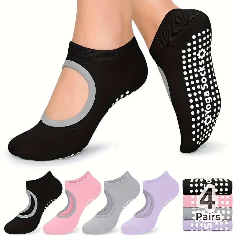 TEMU 4 Pairs Women's Non-slip Grip Yoga Socks, , With Safety Silicone Dots - In Colors For thumbnail 2