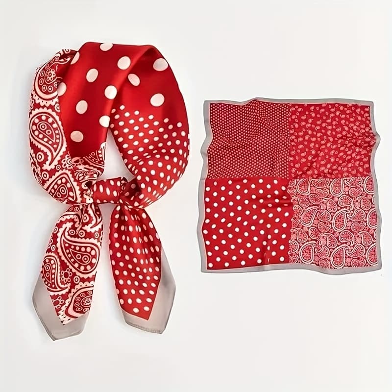 TEMU Vintage Red Polyester Scarf | Women's Square Bandana | Chestnut Polka Dot And Paisley Design | Non-elastic, Glossy End | Suitable For Casual | Hand Wash Or | Festive Accessory