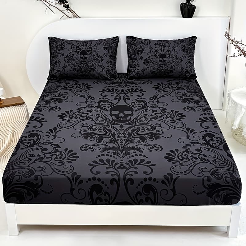 TEMU 3pcs Black Baroque Gothic(1pc Bed Sheet+2pcs Pillowcase No Filling)deep Pocket In 15 Inch At Home Dormitory High Definition Code Printing Suitable For All Mattress Protector