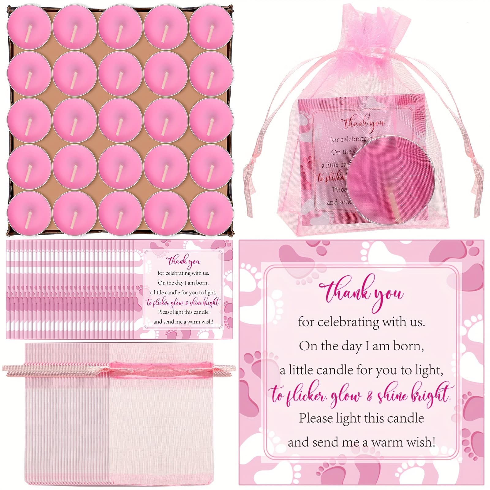 TEMU 50 Sets For Party Favors Including 50pcs Unscented Tealights 50pcs Gift Bags 50pcs Cards For Party Supplies (pink)