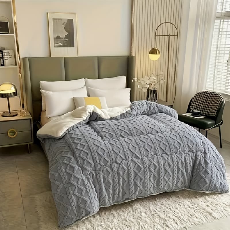 TEMU 1pc Warm Reversible Comforter King Queen Twin Size Bedding, Thick Gray And Sherpa Fleece, Modern Geometric Quilted Design, Cozy Bedspread All Season ( 500)