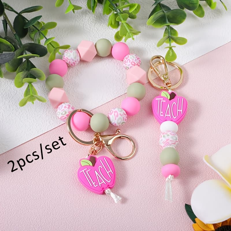 TEMU 2pcs Cute And Fresh Colorful Leopard Bead Pink Teach Beaded Keychain Bag Car Key Anti Loss Pendant Charm Keychain Gift For Female Teacher