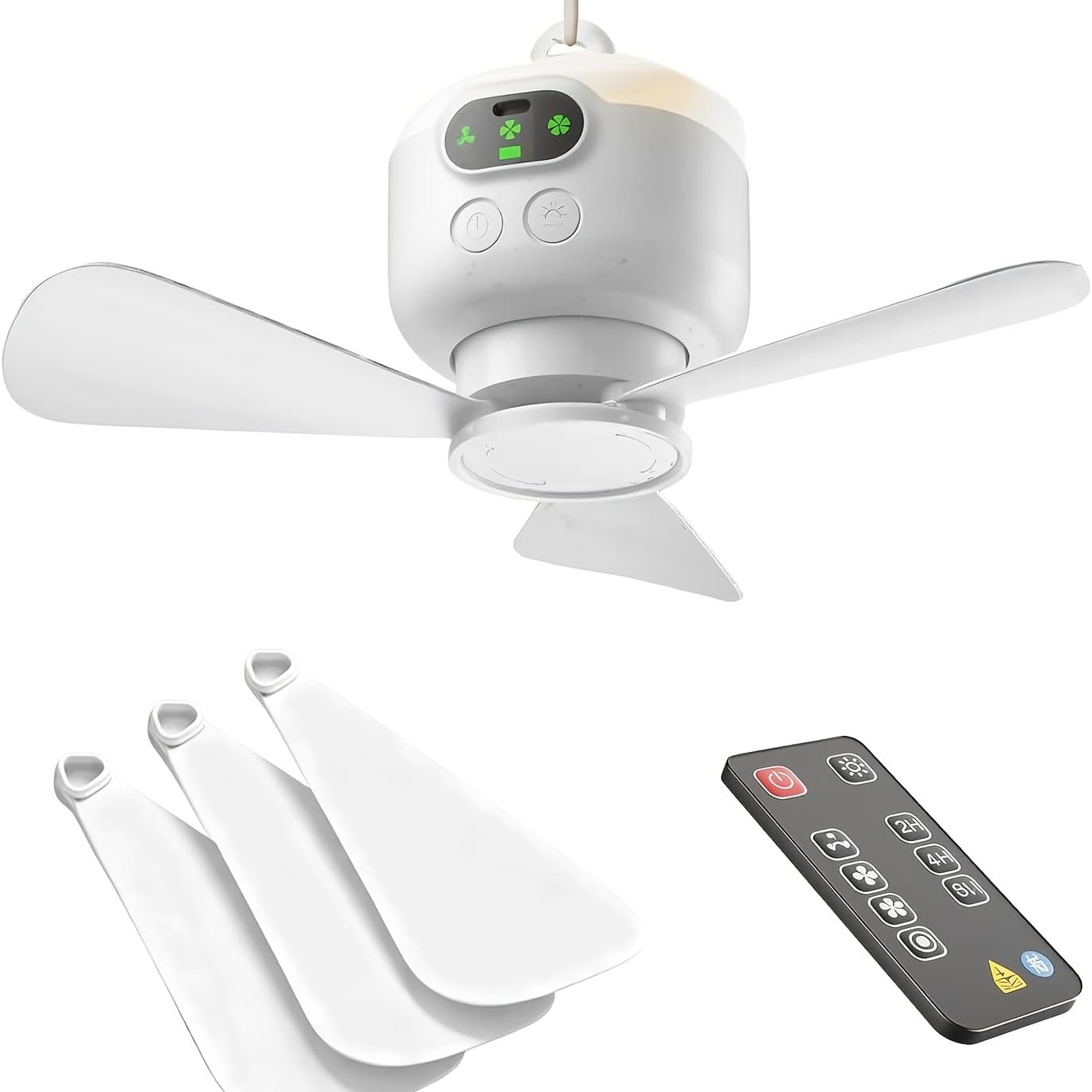TEMU Outdoor Camping Fan, 8000mah Battery Powered, Usb Portable Tent Fan Rechargeable, With Remote Control, Ceiling Fan Light, 3 Detachable Fan , Timer, 4-speed For Outdoor Dormitory, White