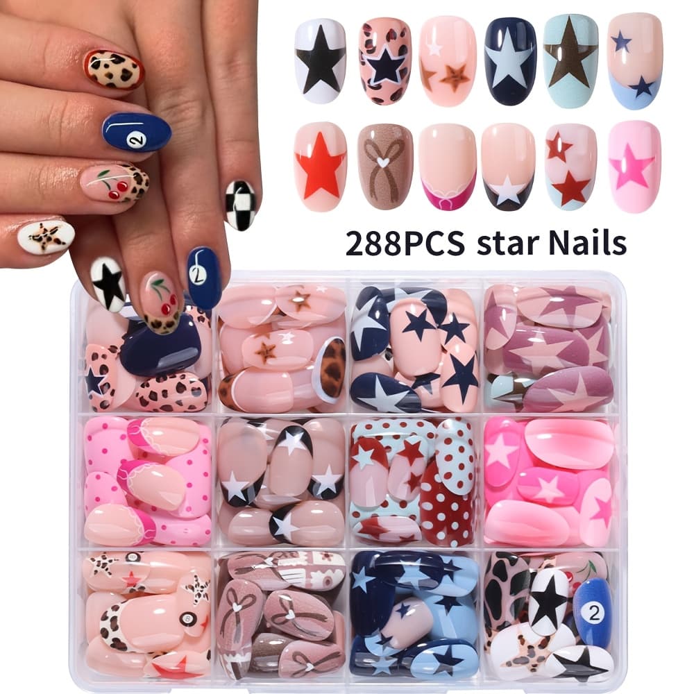 TEMU Enhance Temperament, Y2k Leopard 288pcs Short Oval False Nail Set, Full Coverage Nails, Brightening, Removable, Press-on Nails, Y2k Nails, Suitable For Women And ' Daily Wear