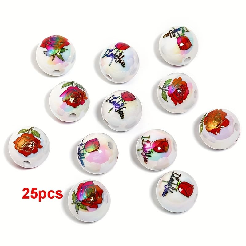 TEMU 25pcs 16mm Valentine's Day Rose Printed Beads Acrylic Solid Color Plated Rose Loose Beads Mobile Phone Chain Pens Decorative Additions