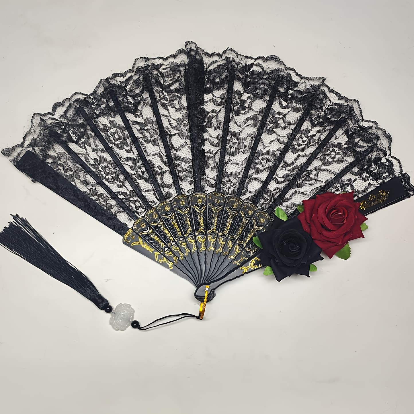 TEMU Halloween Black Hand Fan Lace Rose Handheld, Vintage Retro Flower Spanish Large Folding Fan For Women Halloween Party Cosplay Costume Photo Props, Party Performance, Dance, Decorations, Gift