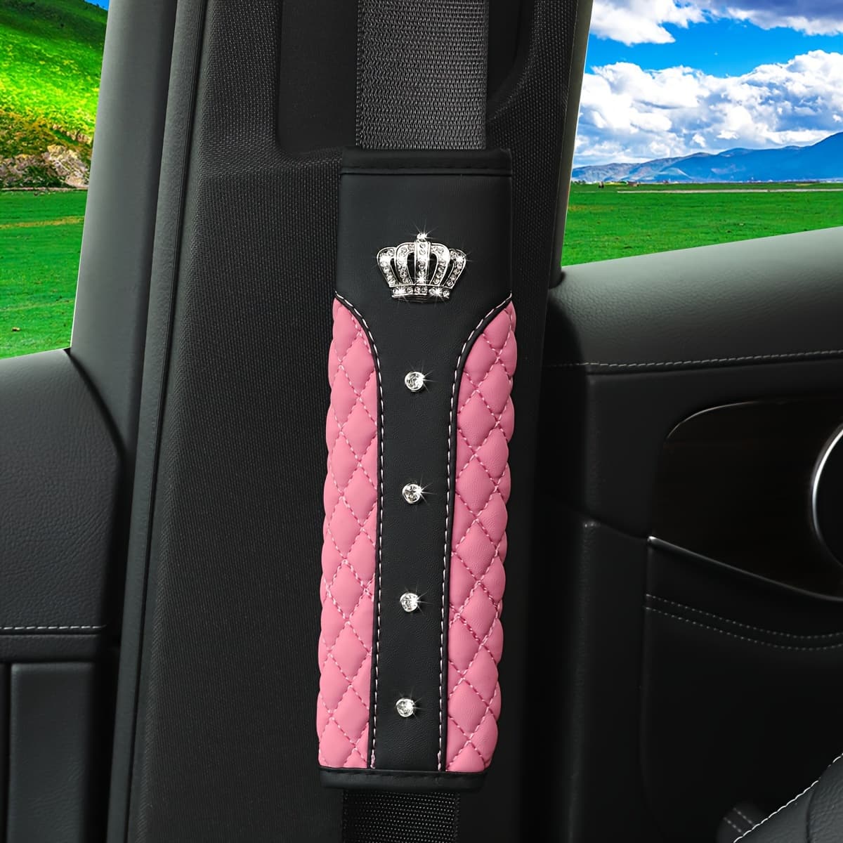 TEMU 1pc Metal Crown With Embroidery, Sheepskin Car Accessory Seat Belt Shoulder Pad, Comfortable, Pressure-, Anti-pinching Safety Belt Cover