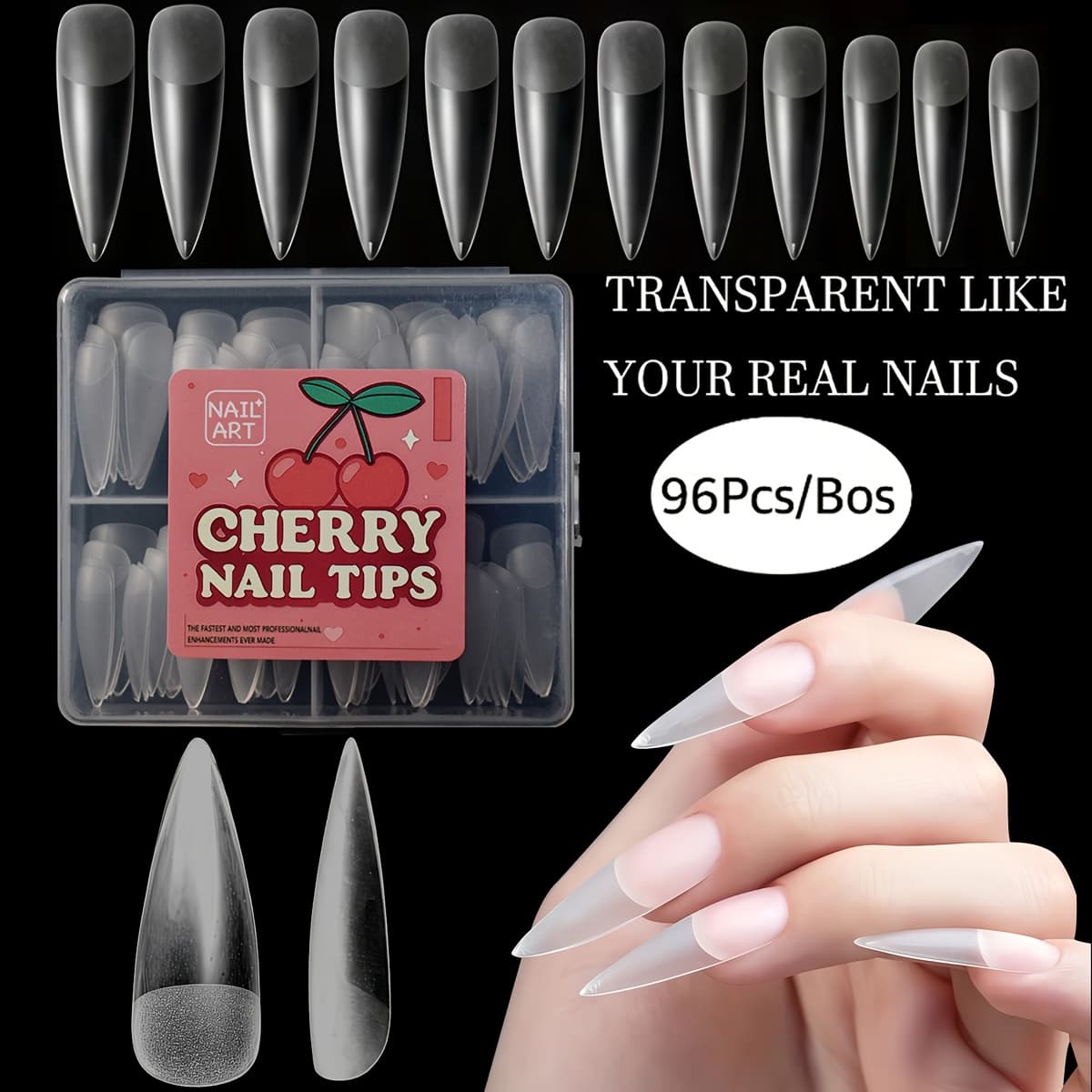 TEMU 96pcs Transparent Pointed Tip False Nails/soft Glue Pre-made Full Coverage Nail Patches - 12 Sizes Suitable For Gel Extensions & Nail, Transparent Press- Nails For Hands/toenails