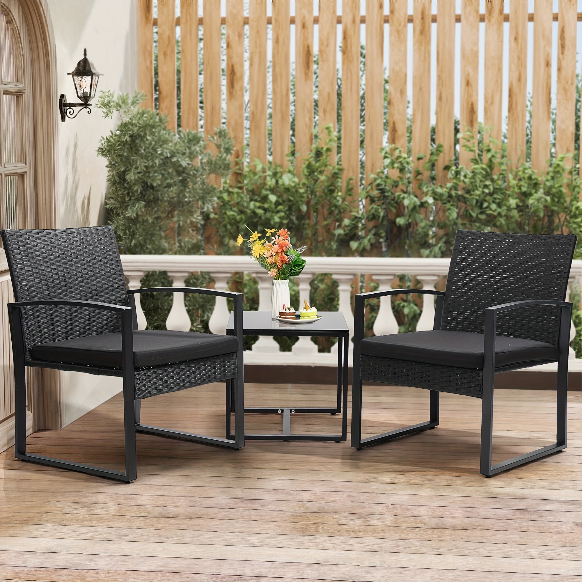 TEMU 3pcs Outdoor Patio Furniture Set, 2 Waterproof Chairs And Bistro Furniture Set, Wicker Rattan Conversation Set, Thick Cushions With Safety Glass Table Top,