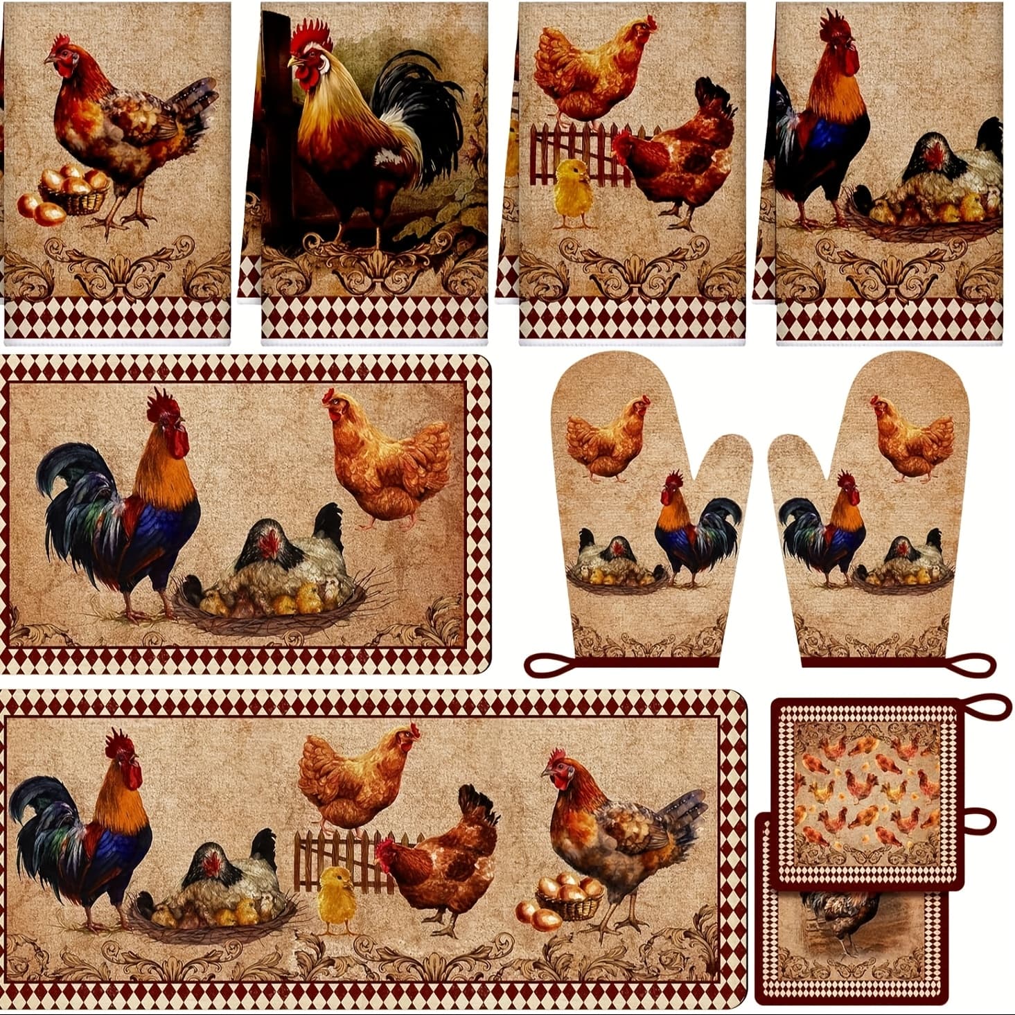 TEMU 10pcs Rooster Dish Towels Rugs Oven Mitts And Pot Holders Sets Farmhouse Rustic Rooster Kitchen Decor Set For Cooking Baking Grilling Women Mom Daughter Gift(brown)