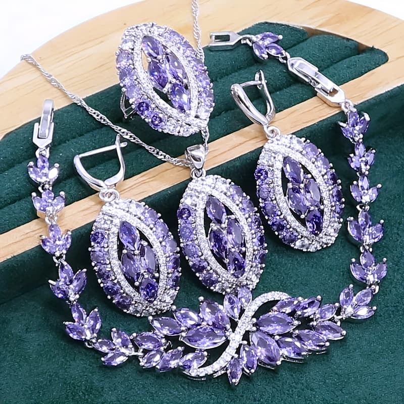 TEMU 5pcs Luxury Retro Purple Cubic Zirconia Wedding Jewelry Set With Earrings, Bracelet, Ring And Necklace Pendant Sets, Elegant Party Decorations, For Gifts, High End Jewelry Box Packaging