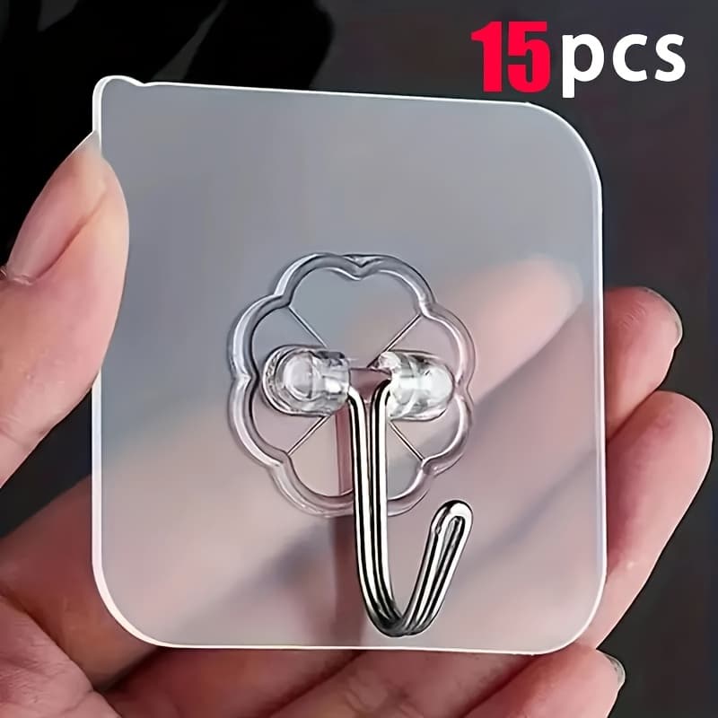 TEMU 15pcs Strong Adhesive Hooks - Waterproof, Wall & Bathroom Storage Hooks, Multi-functional Seamless Hanging Organizer, Utility Hooks