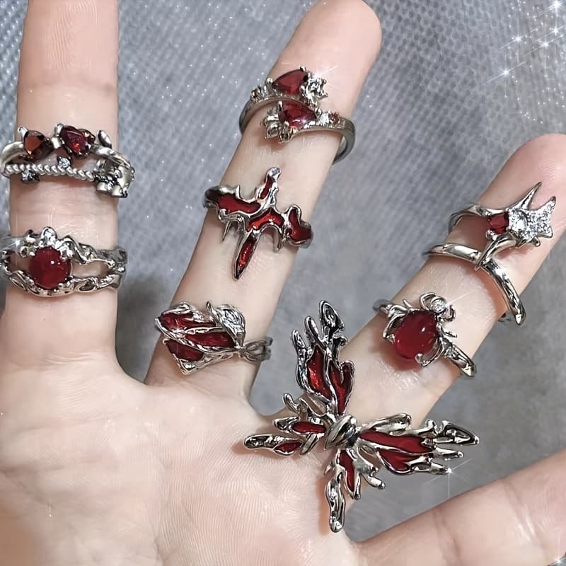 TEMU [red Heart Ring] 8pcs Asymmetric Red Synthetic Artificial Artificial Ring | Aesthetic, Suitable For Girls' Y2k Gothic Spider Rings, Creative Garbage Rock Party Jewelry Accessories, For Teenager