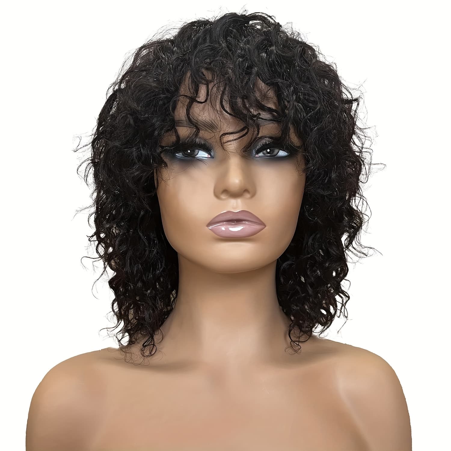 TEMU This Women's Wig Features Short Curly Human Hair With Natural Bangs. No Glue Needed. Made From Black Hair (180% Density), 10-inch Length, No Lace. Perfect For Look