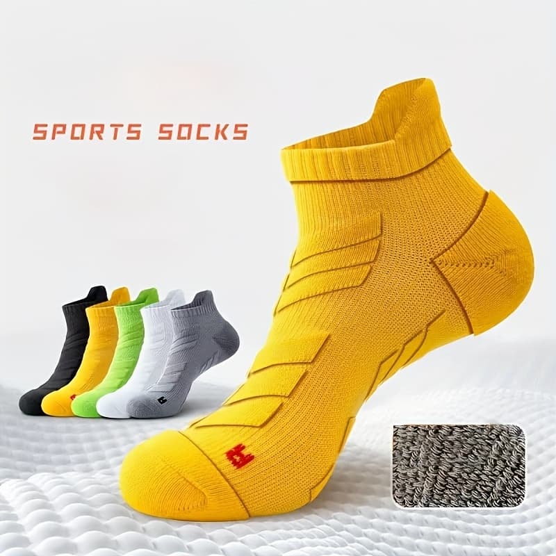TEMU 5 Pairs Of Men's Sports Socks, Ankle Support, Suitable For Basketball, Running, Marathon, Sweat-, Breathable Knitted Fabric, Shock Absorption, Non-slip, Thick Towel Bottom