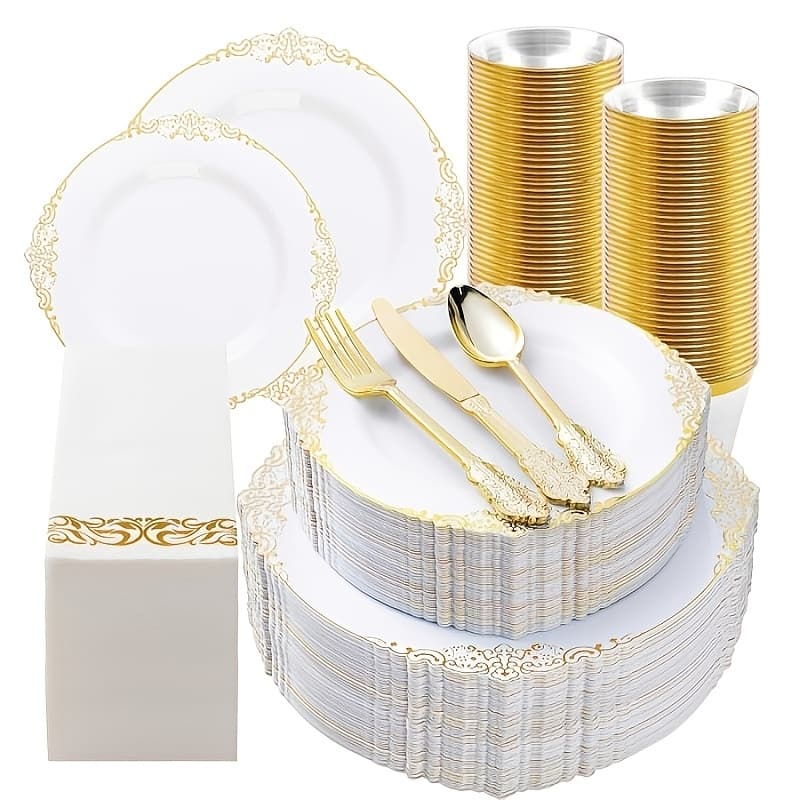 TEMU 350pcs Plastic Plates For 50 Guests, Disposable Dinnerware Set Includes 100 Disposable Plates, 150 Golden Silverware, 50 Cups, 50 Napkins For Party, Wedding