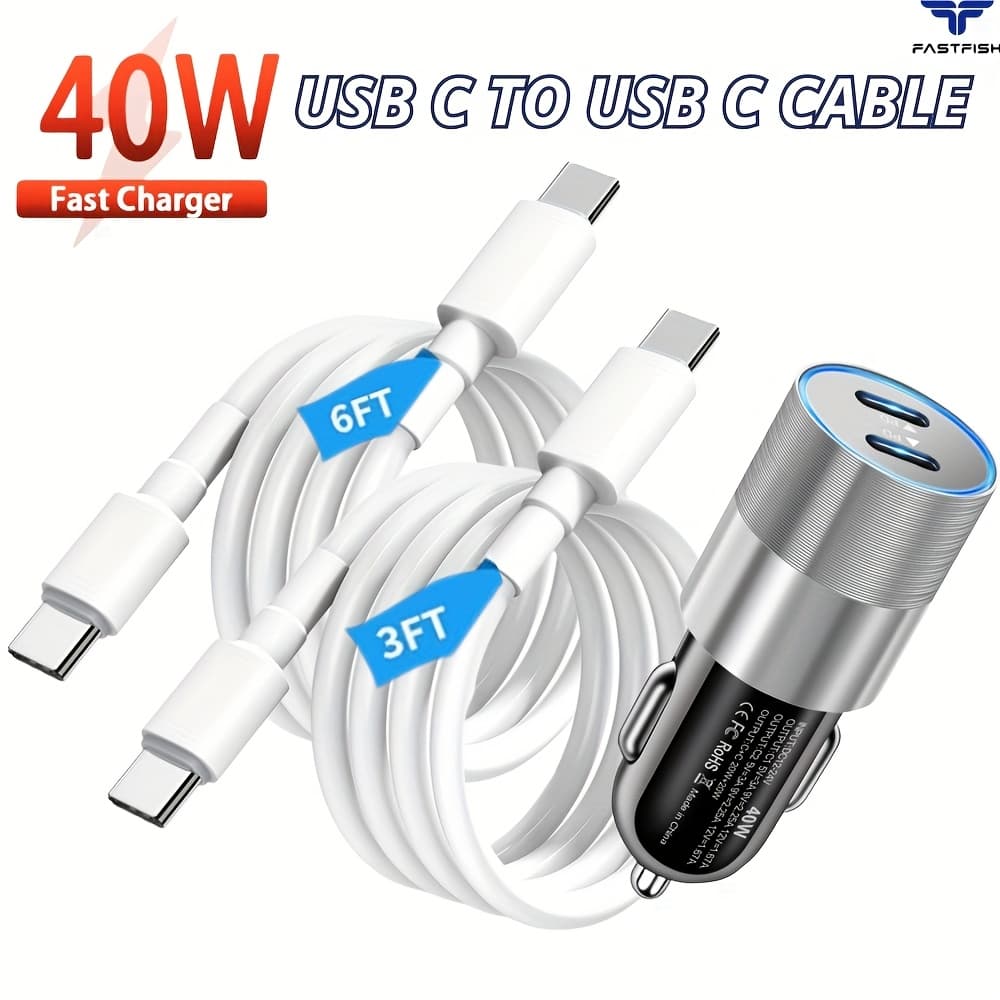 TEMU Fastfish 40w Dual 2 Port Car Charger Usb C Car Phone Charger Adapter Type C Rapid Charging Cable For Iphone 15 16 Pro For For Xiaomi