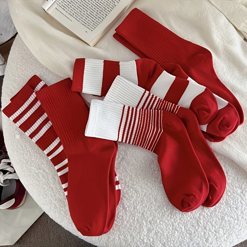 TEMU 5 Pairs Of Festive Striped Mid-calf Socks For Year, Warm And Cozy